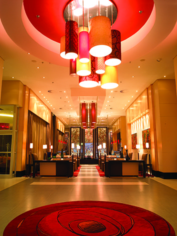 Lobby with colourful pendant lighting at Peermont Mondior